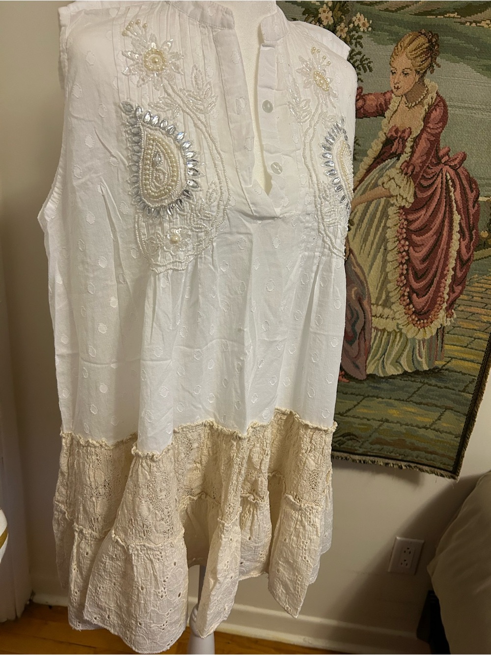 Sleeveless White & Cream Embroidered Eyelet Tunic Top